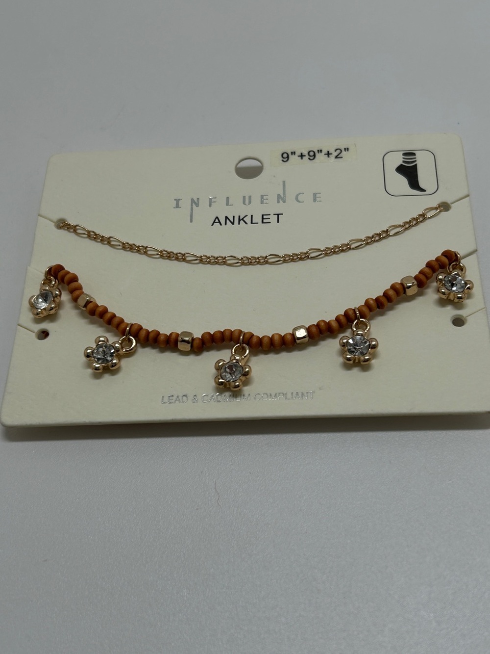 Influence, Set Of 2 Anklets, Simple Chain And Beaded With Flowers, NIP